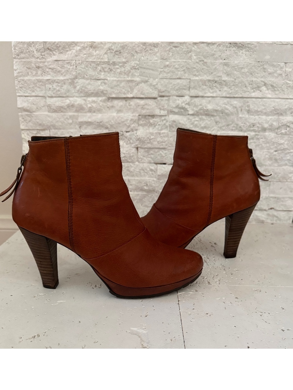 Paul Green Munich Women Ankle Boots Brown Leather Chunky Heel Side Zip Size 9